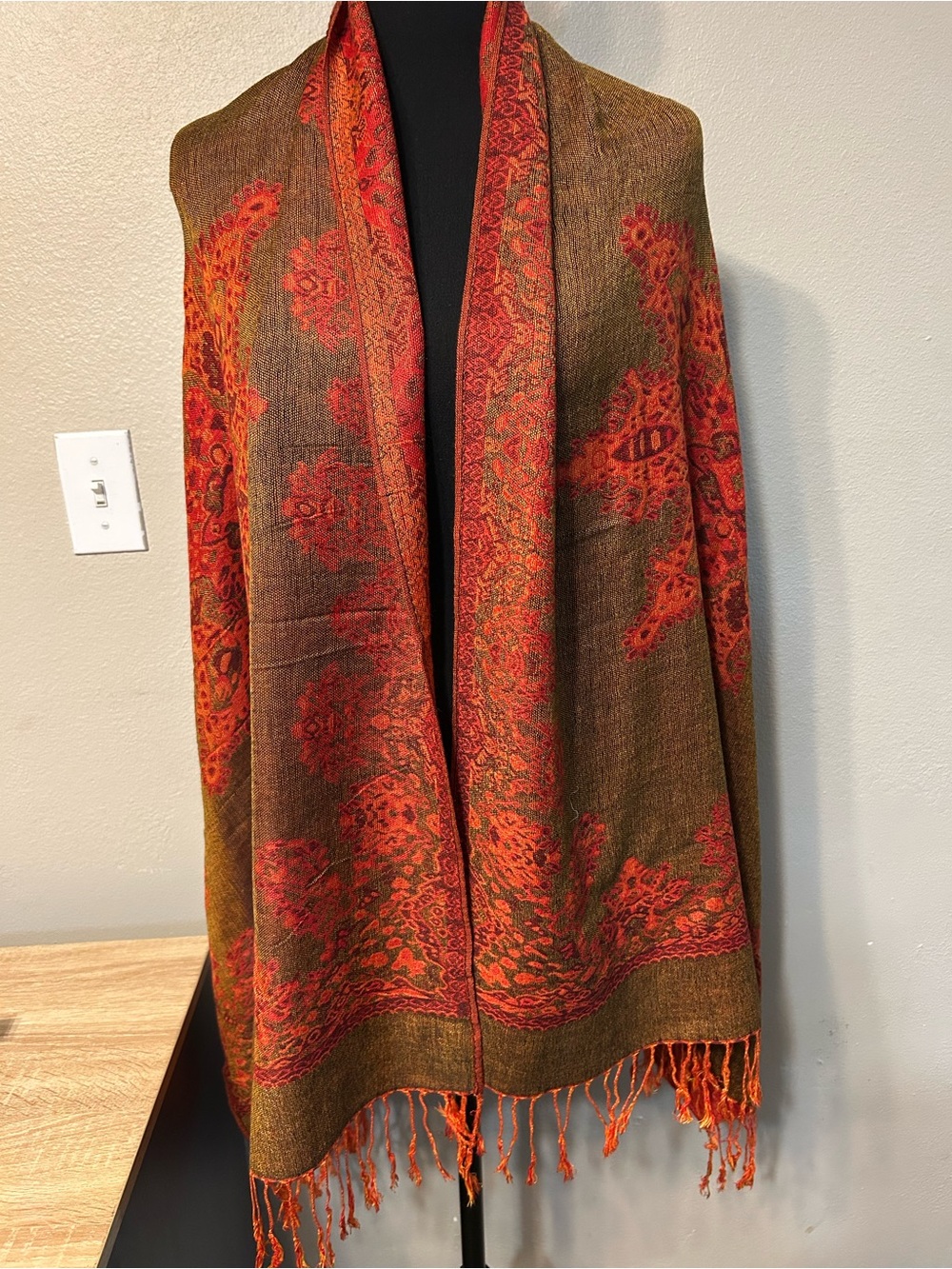 Pashmina Silk Scarf Shawl 55% Pashmina 45% Silk Paisley Brown Rust Fringe Wrap